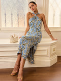 Vestido midi con escote halter y estampado floral