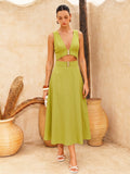 Vestido largo de algodón y lino sin mangas con aberturas
