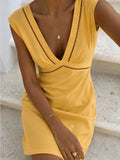 Vestido mini sin mangas de mezcla de lino con ribete calado