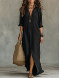 Céline™ | Vestido maxi negro holgado con botones