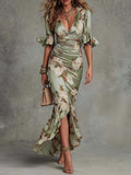 Clemence | Vestido largo de satén con estampado floral