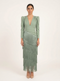 Claire, vestido verde salvia con falda de flecos